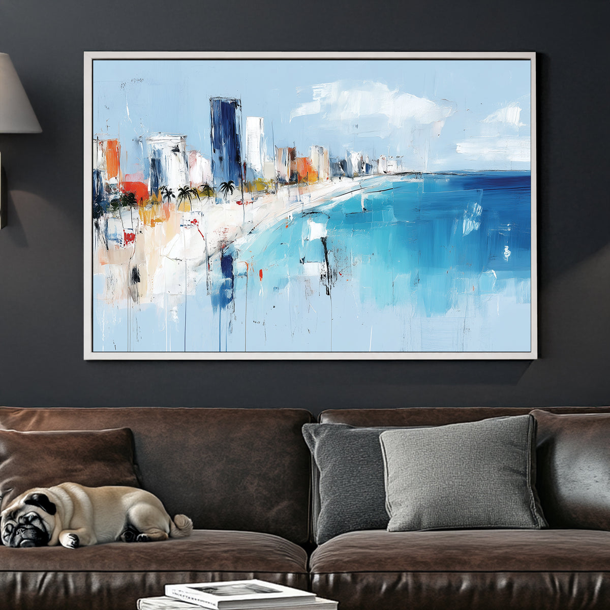 Abstract cityscape with ocean shoreline, high-rises, and palm trees in blue and white tones