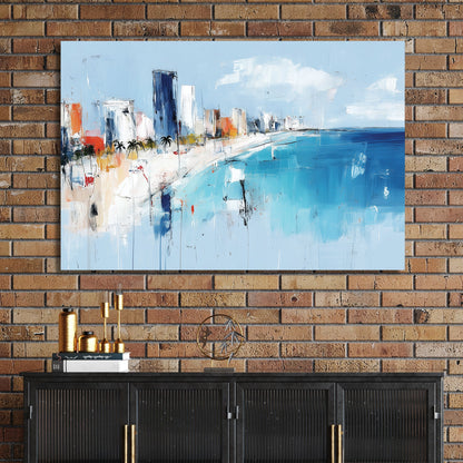Abstract cityscape with ocean shoreline, high-rises, and palm trees in blue and white tones