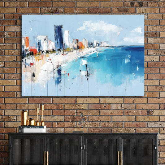 Abstract cityscape with ocean shoreline, high-rises, and palm trees in blue and white tones