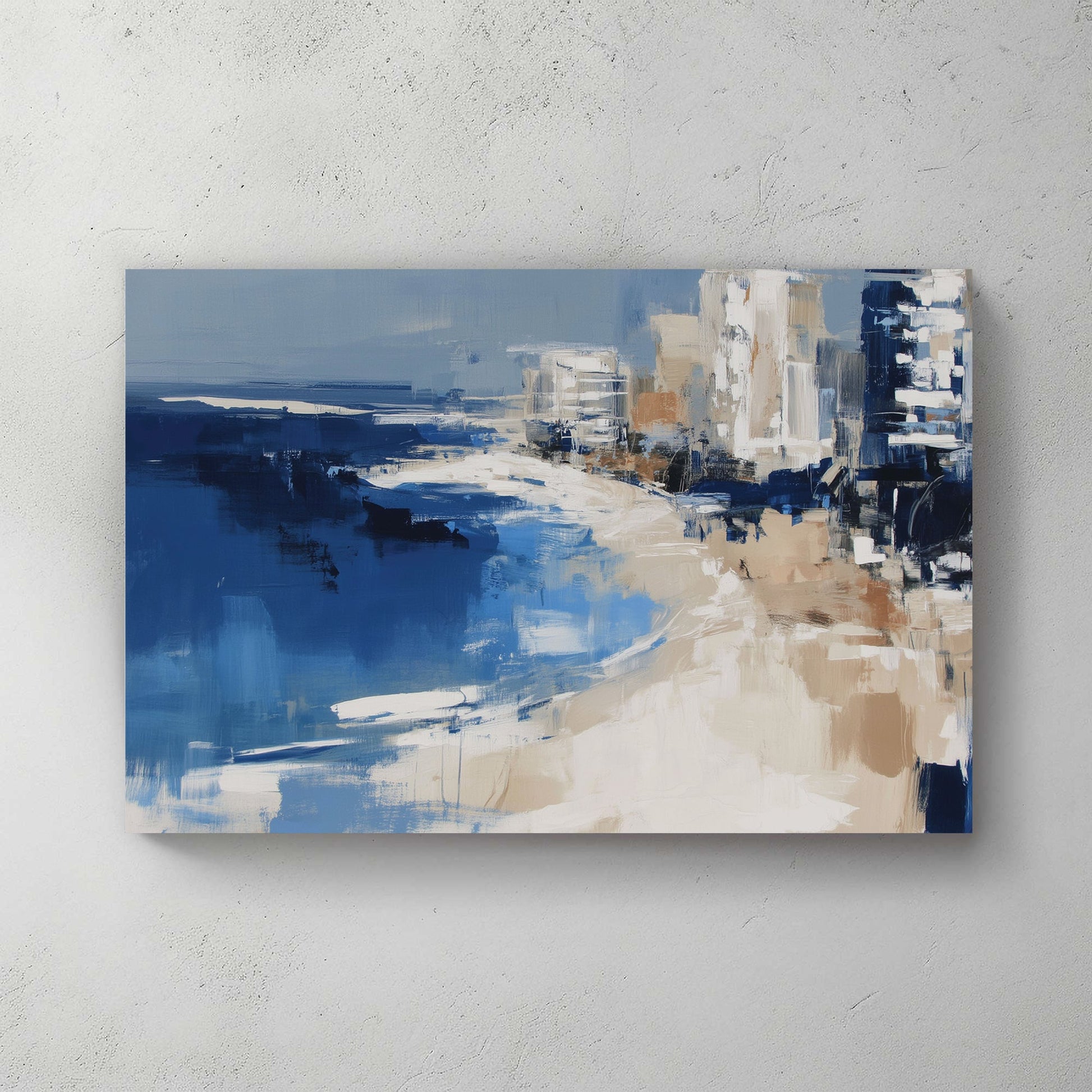 Abstract ocean and beach scene with Miami city skyline in navy, beige, and white