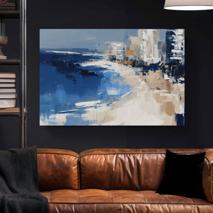 Abstract ocean and beach scene with Miami city skyline in navy, beige, and white
