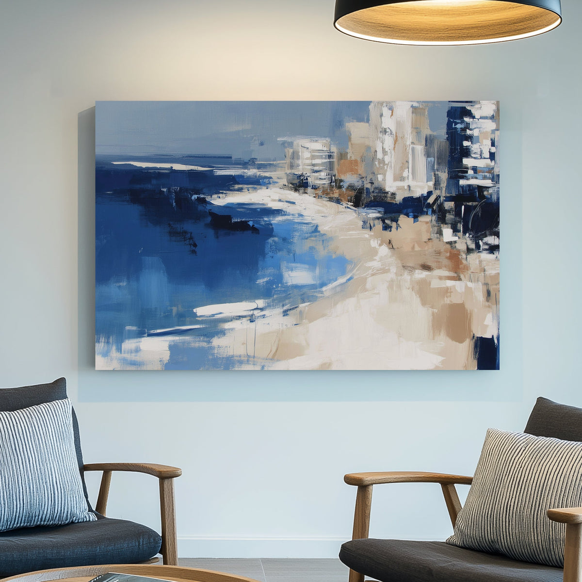 Abstract ocean and beach scene with Miami city skyline in navy, beige, and white