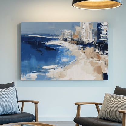 Abstract ocean and beach scene with Miami city skyline in navy, beige, and white