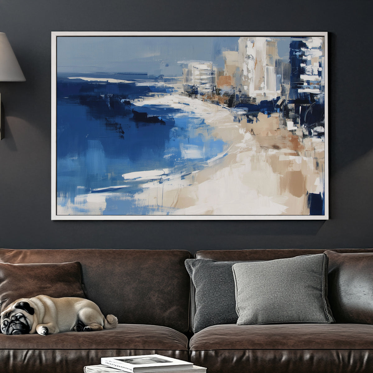 Abstract ocean and beach scene with Miami city skyline in navy, beige, and white