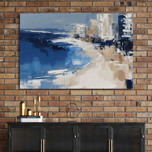 Abstract ocean and beach scene with Miami city skyline in navy, beige, and white