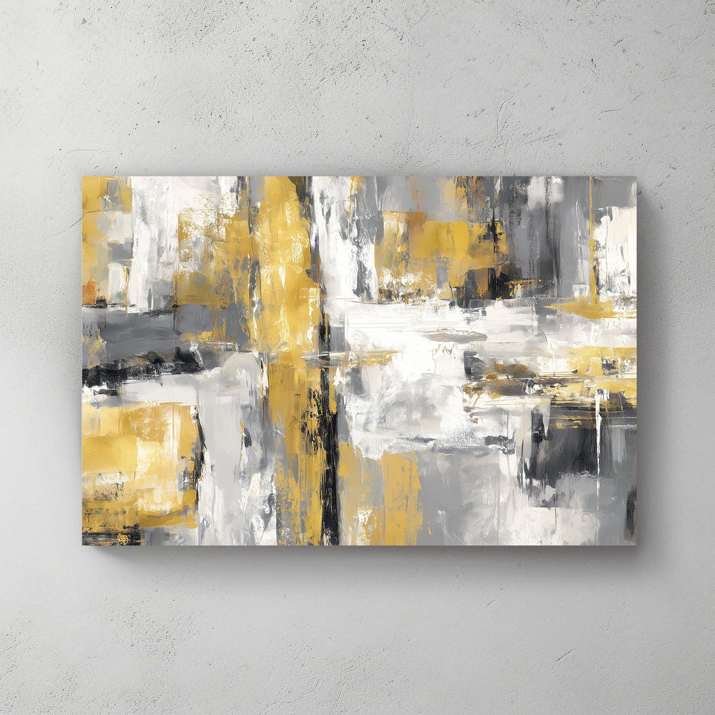 Abstract gold and grey grid-style painting with textured brush strokes