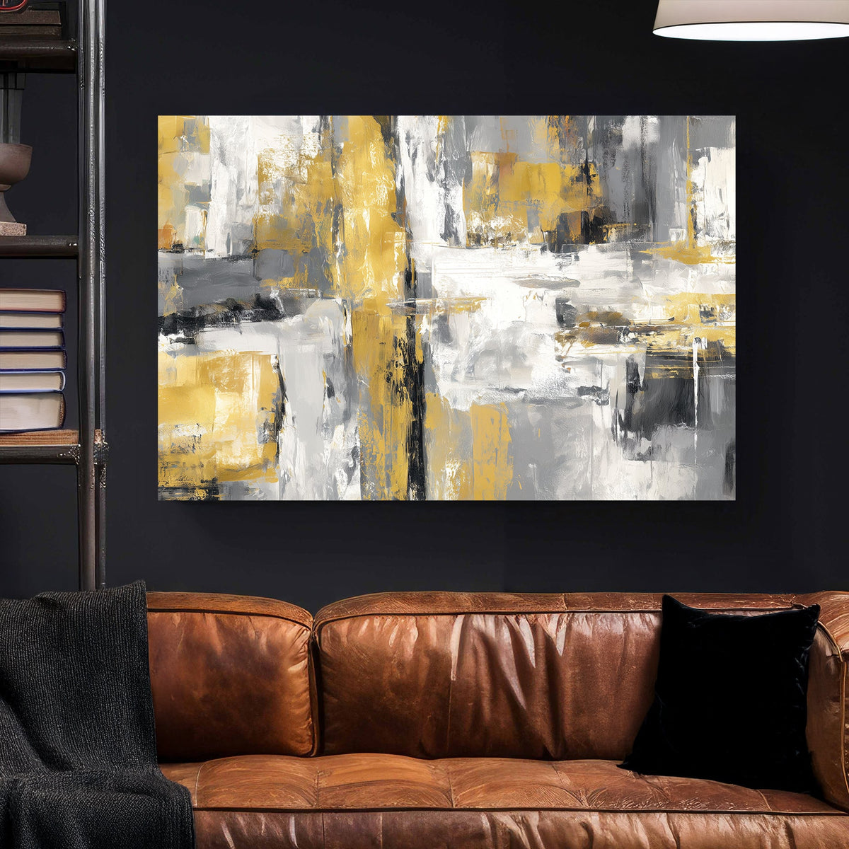Abstract gold and grey grid-style painting with textured brush strokes