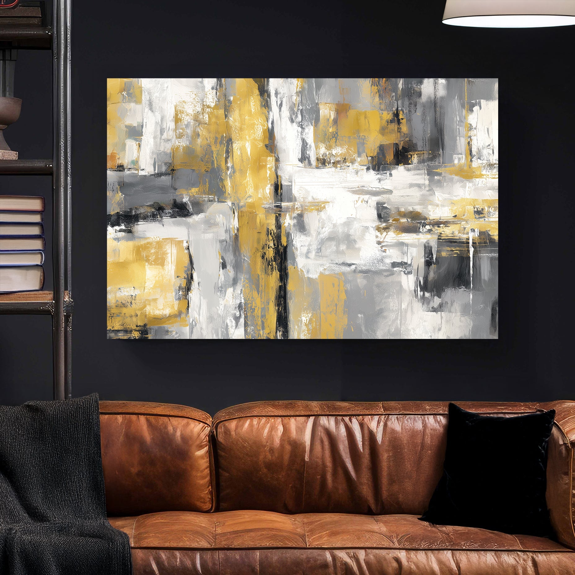 Abstract gold and grey grid-style painting with textured brush strokes