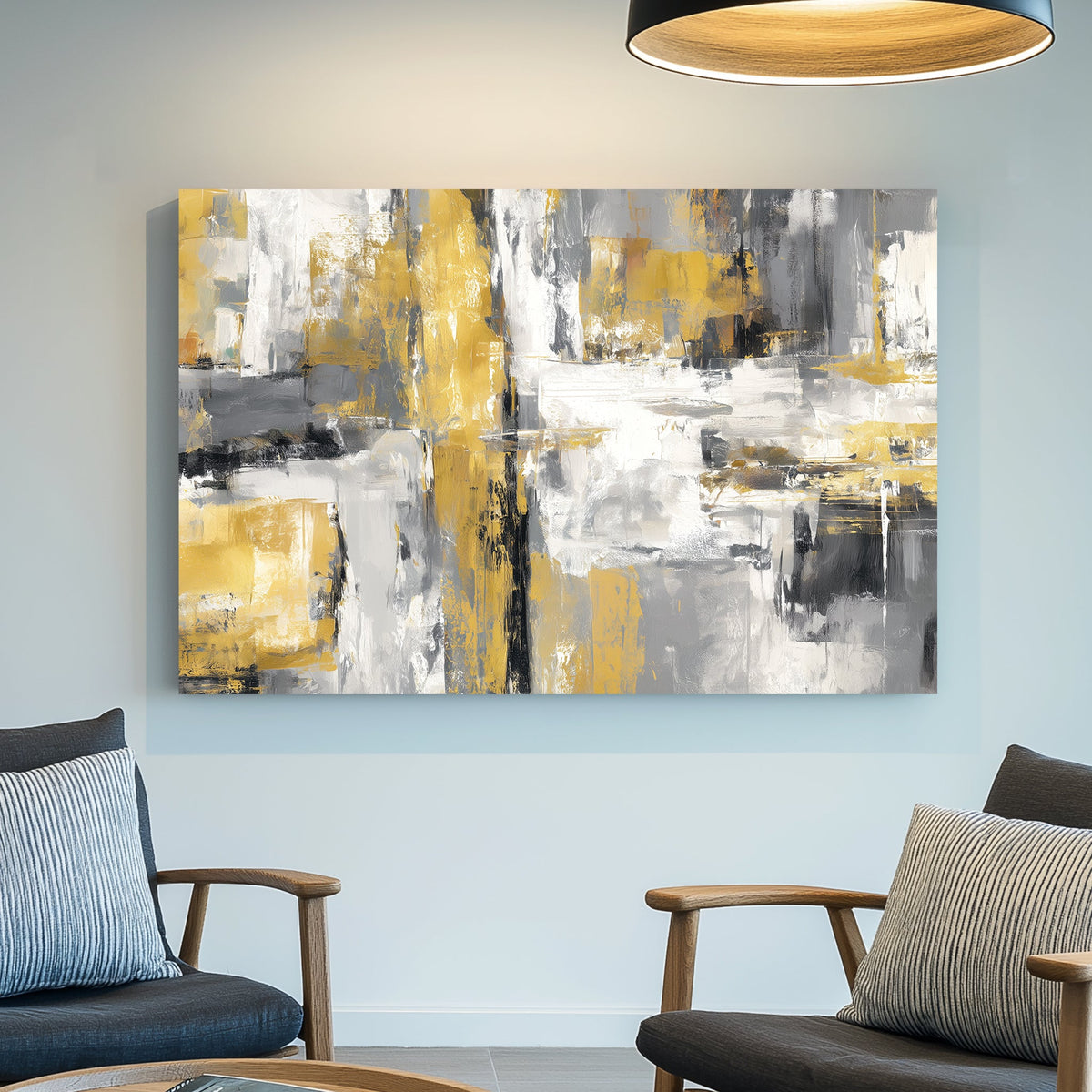 Abstract gold and grey grid-style painting with textured brush strokes