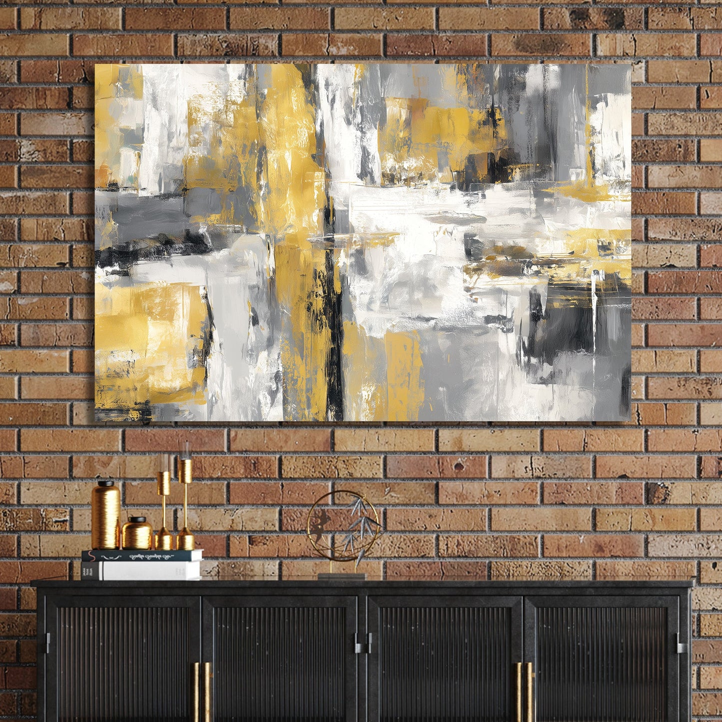 Abstract gold and grey grid-style painting with textured brush strokes