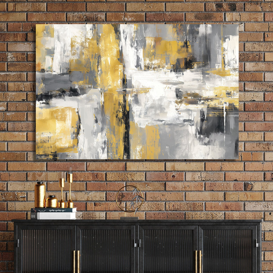Abstract gold and grey grid-style painting with textured brush strokes