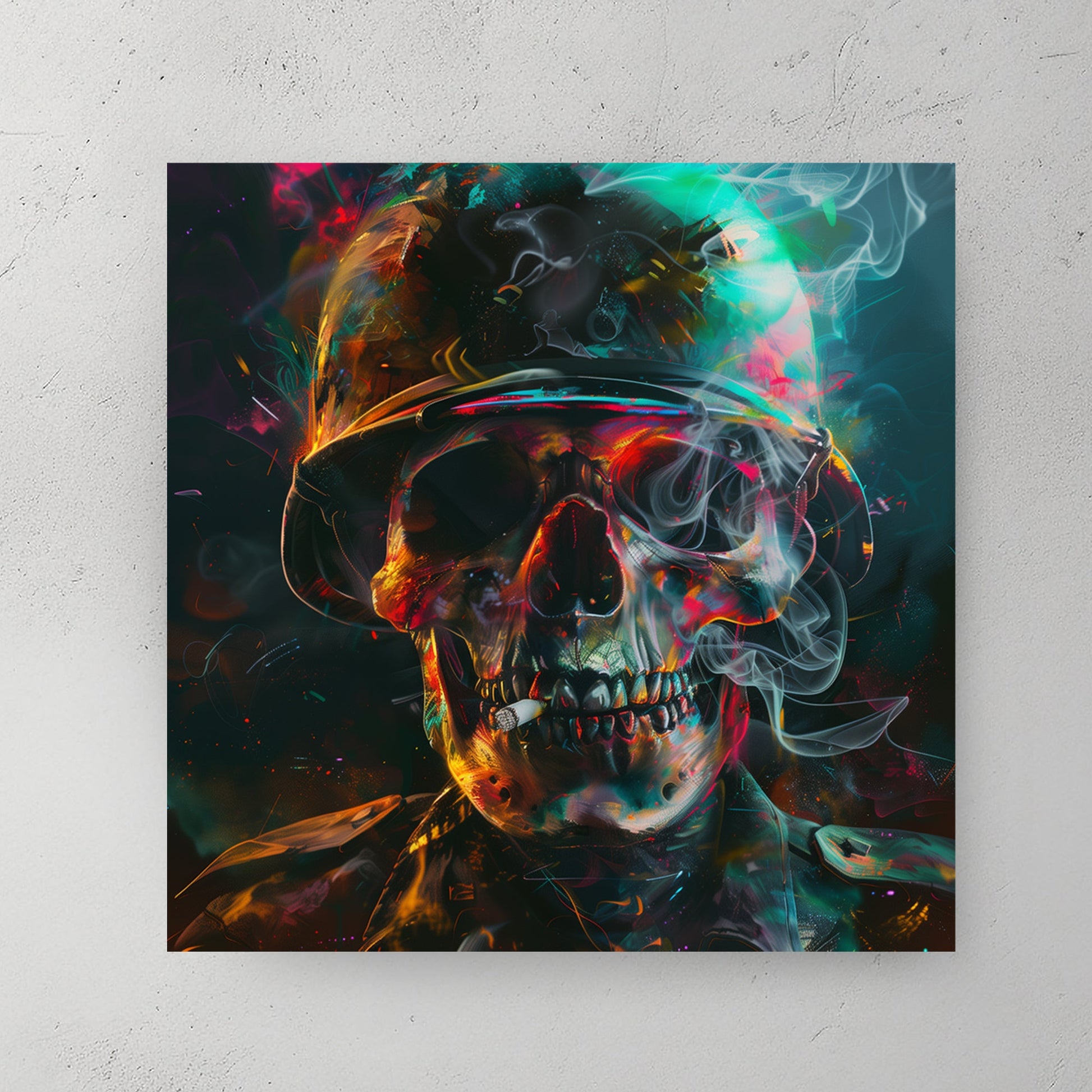 Psychedelic skull in army helmet with smoke and neon lighting