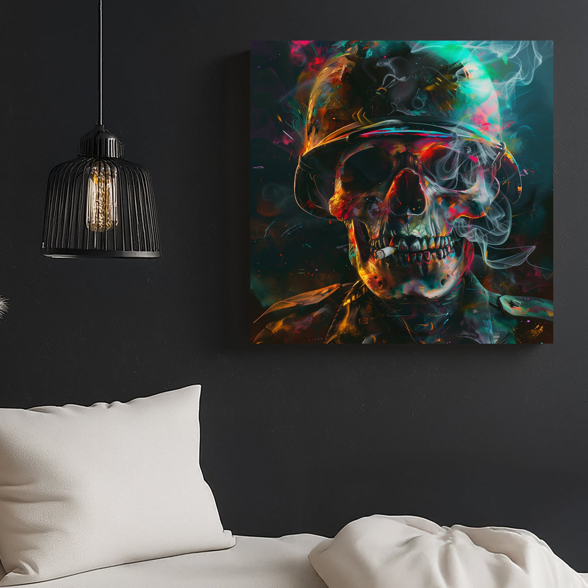 Psychedelic skull in army helmet with smoke and neon lighting