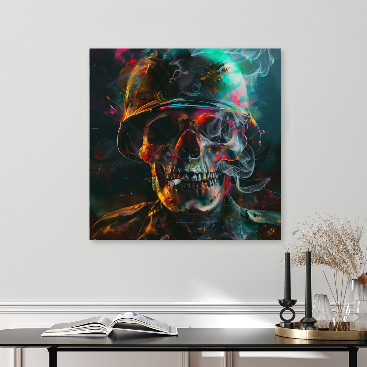 Psychedelic skull in army helmet with smoke and neon lighting