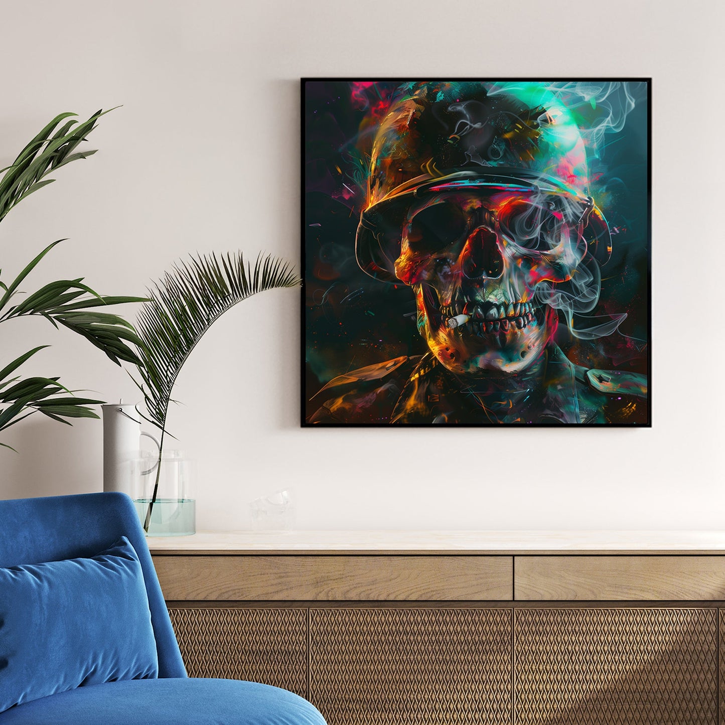 Psychedelic skull in army helmet with smoke and neon lighting