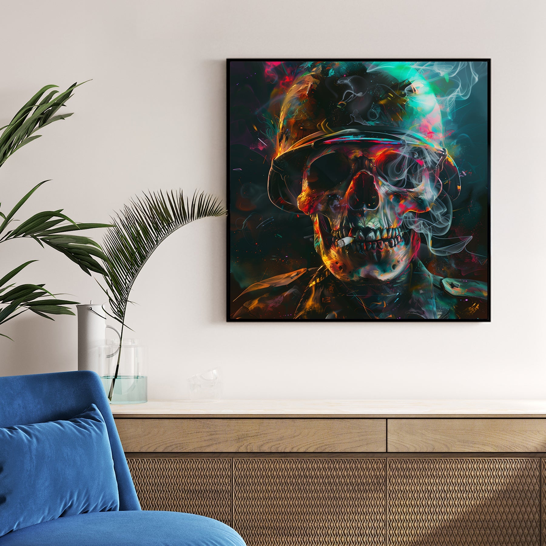 Psychedelic skull in army helmet with smoke and neon lighting