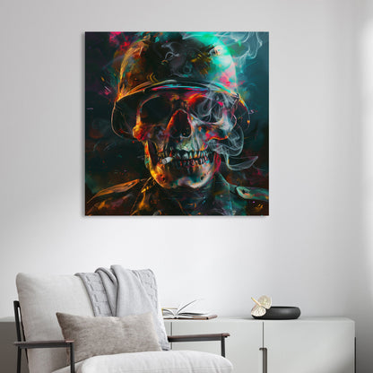 Psychedelic skull in army helmet with smoke and neon lighting