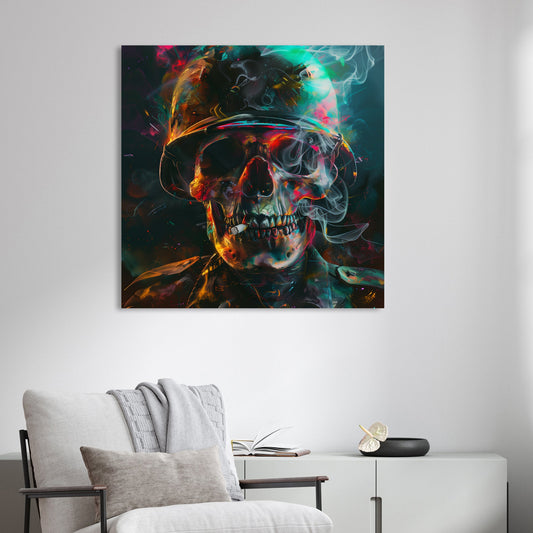 Psychedelic skull in army helmet with smoke and neon lighting