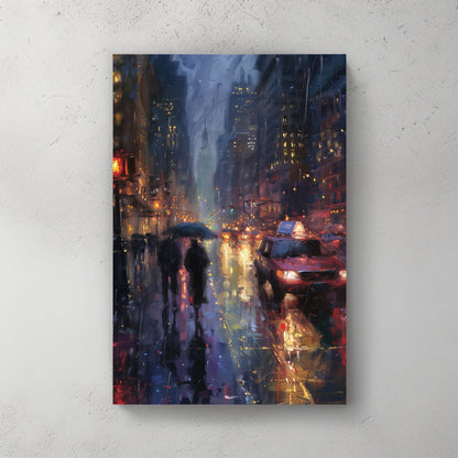 Rainy city street at night with taxi and pedestrians wall art