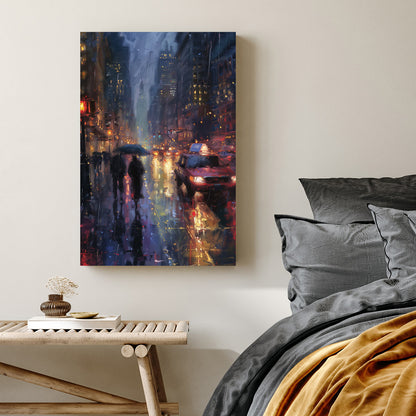 Rainy city street at night with taxi and pedestrians wall art