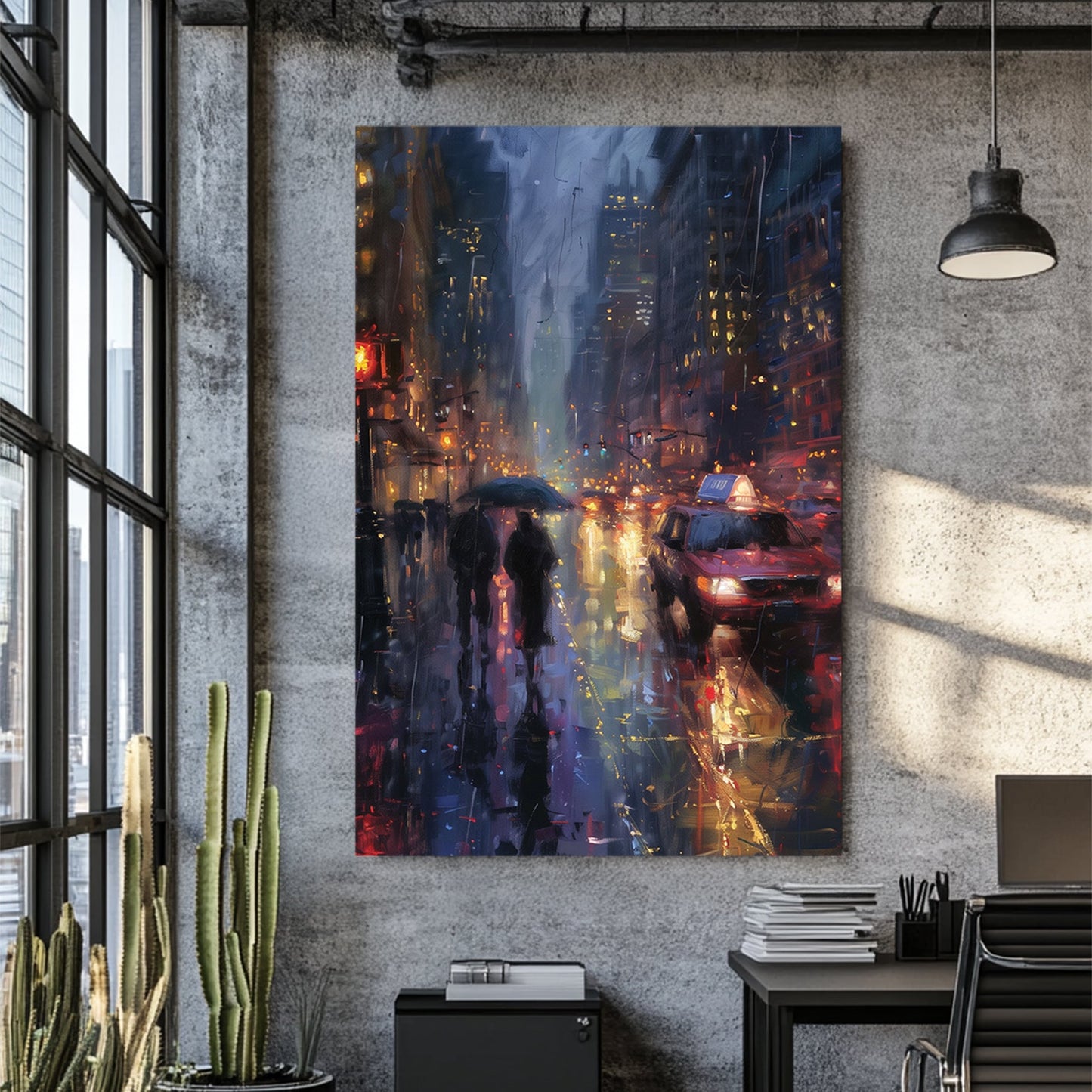 Rainy city street at night with taxi and pedestrians wall art