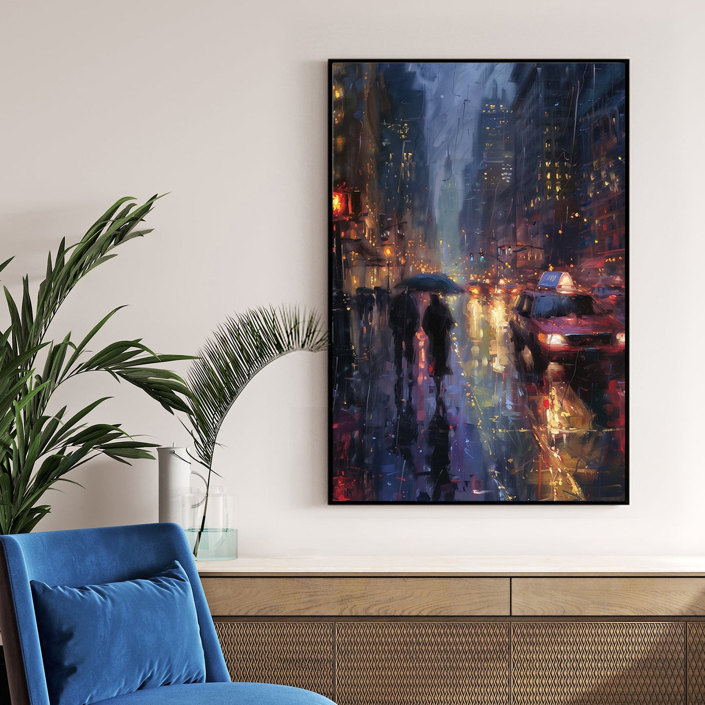 Rainy city street at night with taxi and pedestrians wall art
