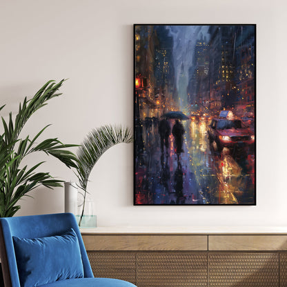 Rainy city street at night with taxi and pedestrians wall art