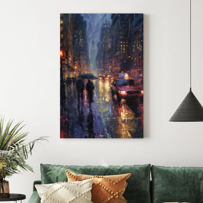Rainy city street at night with taxi and pedestrians wall art