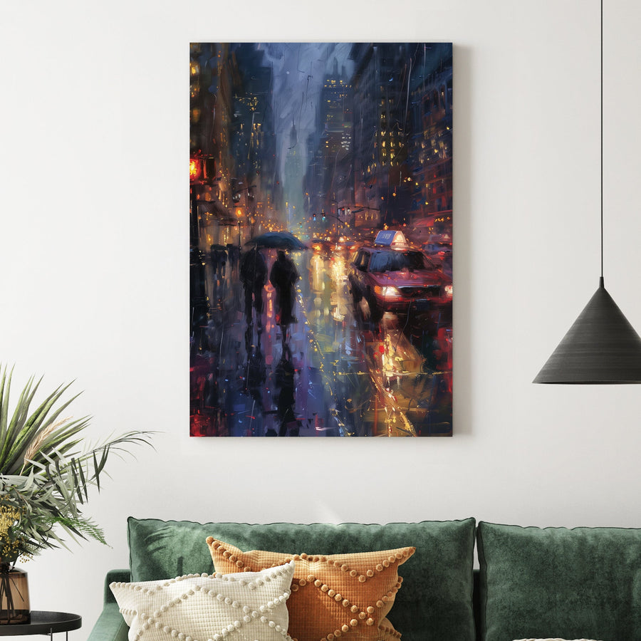 Rainy city street at night with taxi and pedestrians wall art
