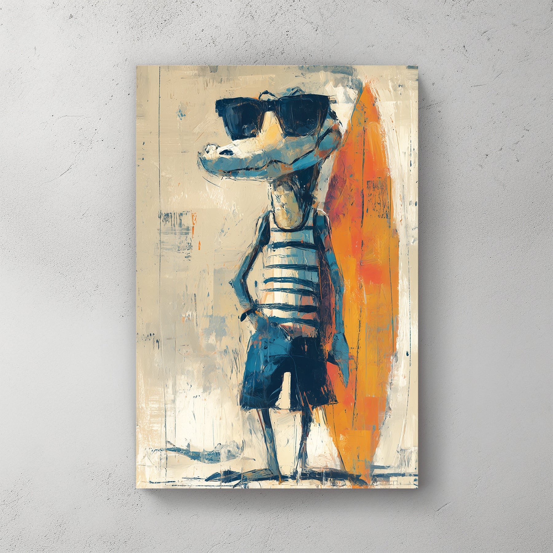 Humorous surfer crocodile character with surfboard wall art
