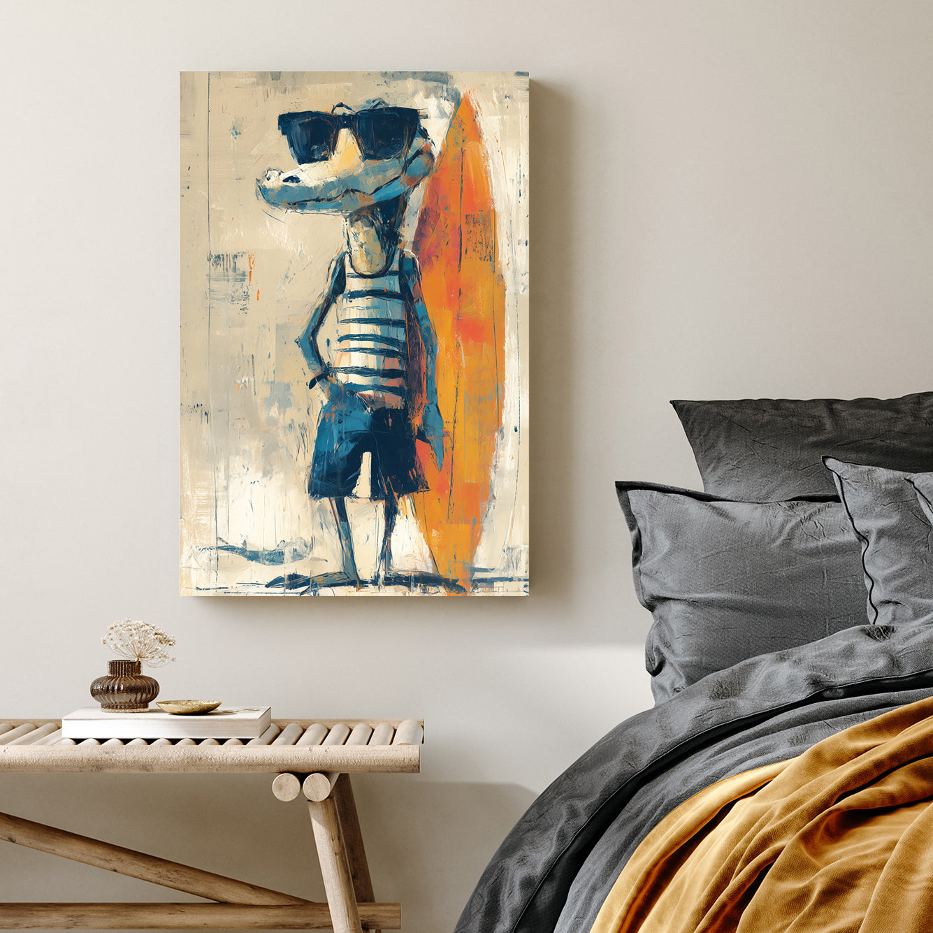 Humorous surfer crocodile character with surfboard wall art
