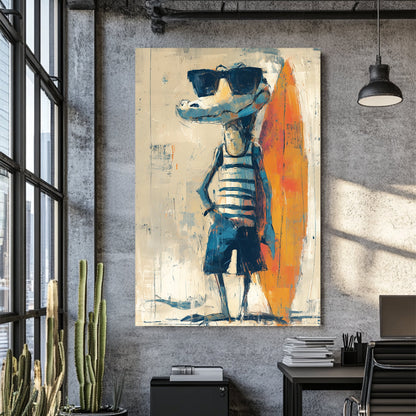 Humorous surfer crocodile character with surfboard wall art