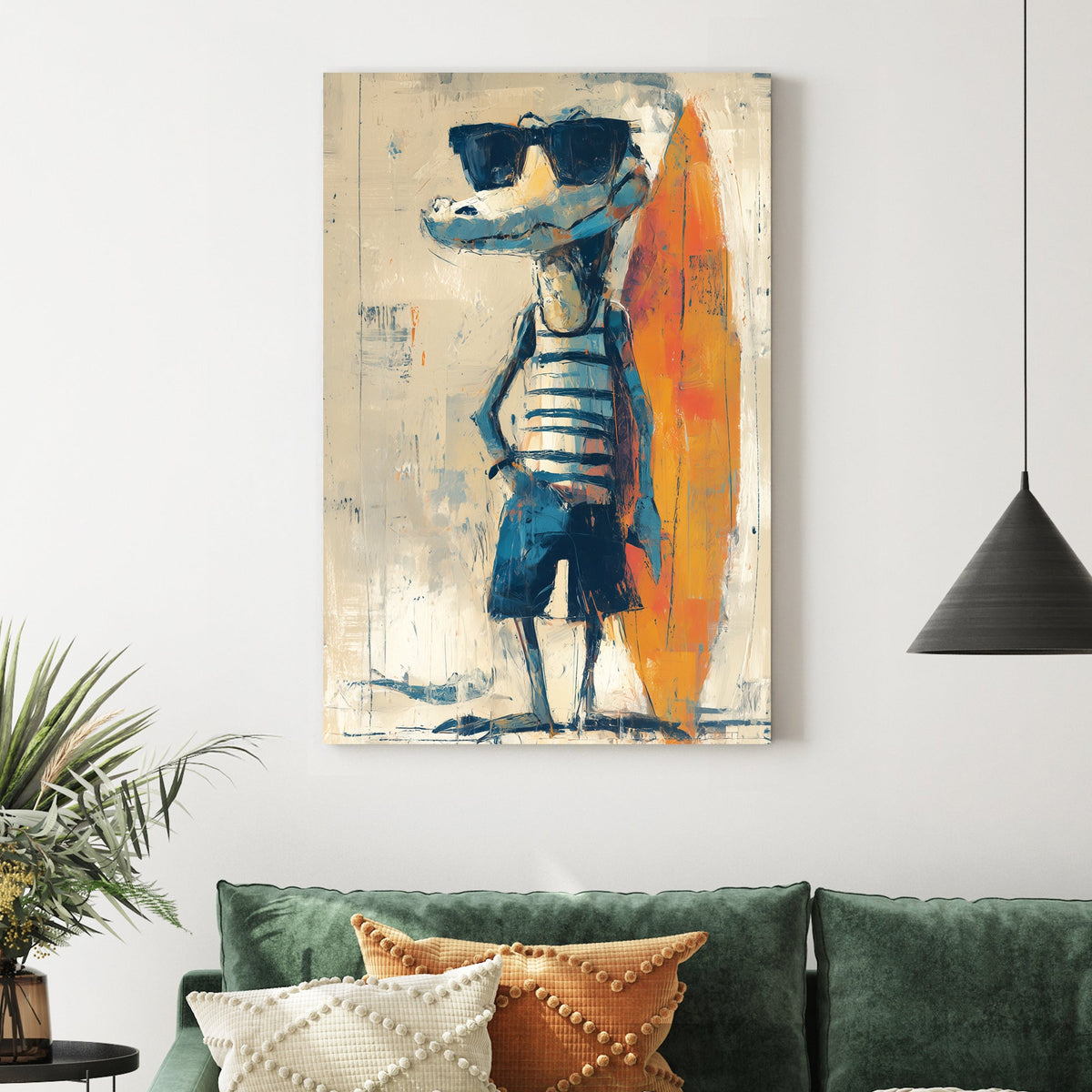 Humorous surfer crocodile character with surfboard wall art