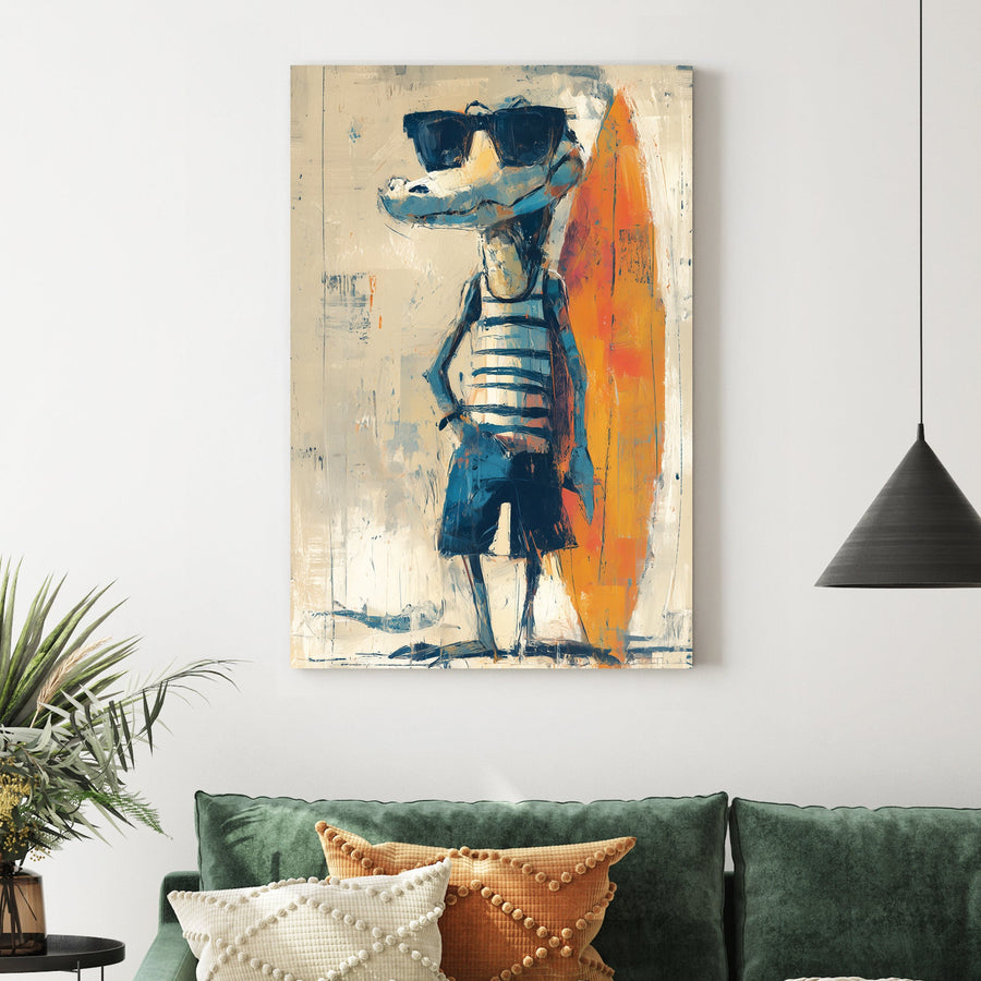 Humorous surfer crocodile character with surfboard wall art