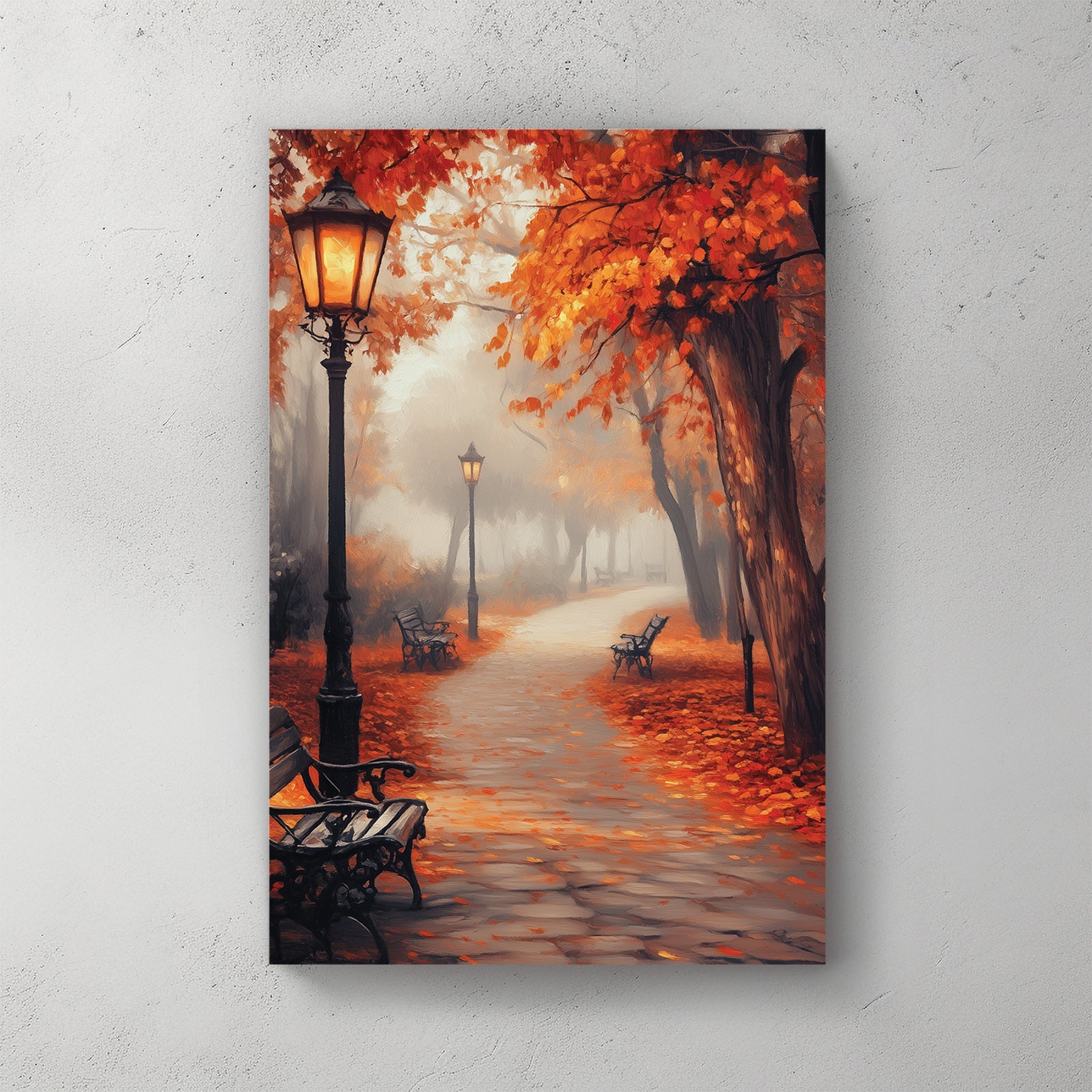 peaceful autumn path with glowing lanterns wall art
