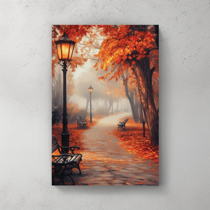peaceful autumn path with glowing lanterns wall art