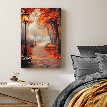 peaceful autumn path with glowing lanterns wall art