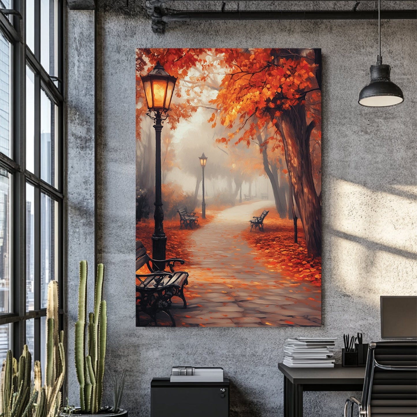 peaceful autumn path with glowing lanterns wall art