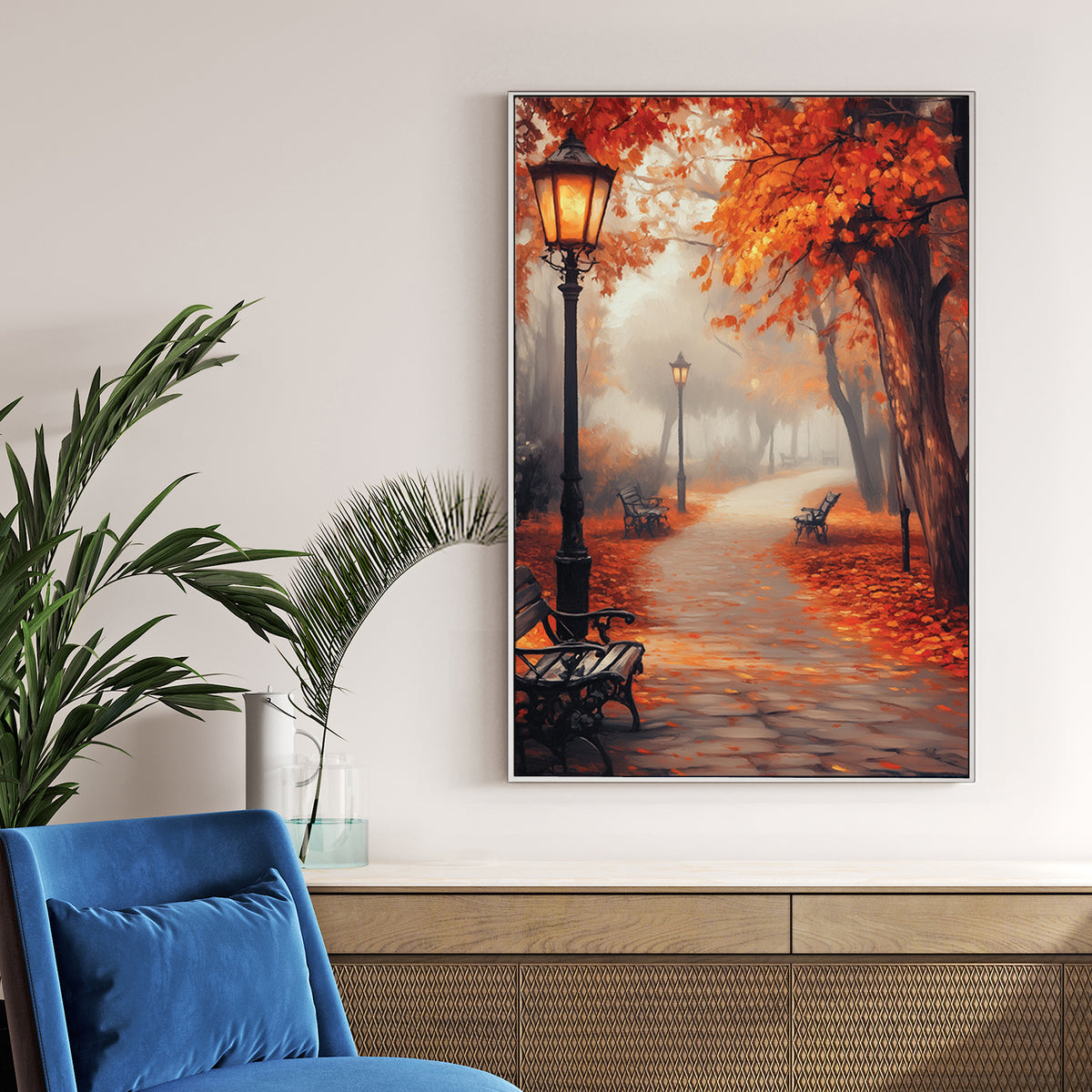peaceful autumn path with glowing lanterns wall art