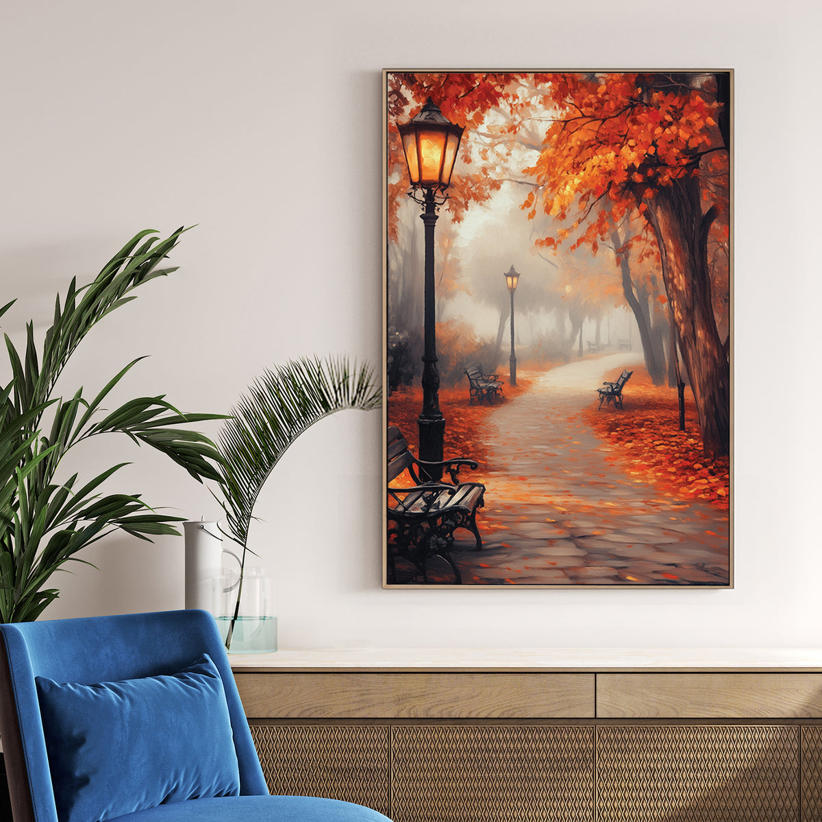peaceful autumn path with glowing lanterns wall art