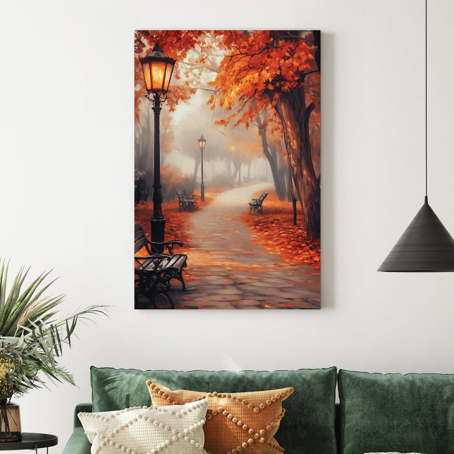 peaceful autumn path with glowing lanterns wall art