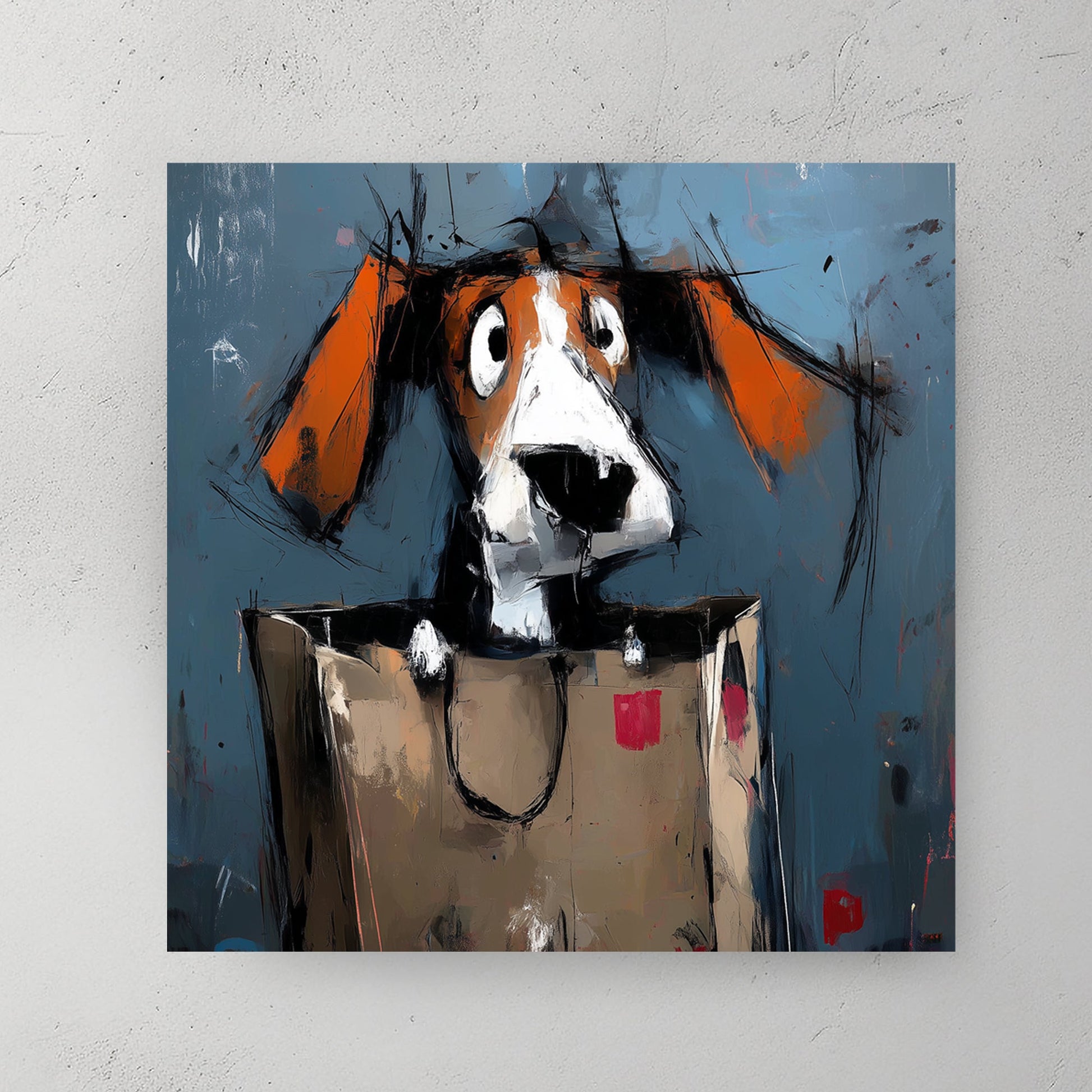 funny dog in shopping bag wall art