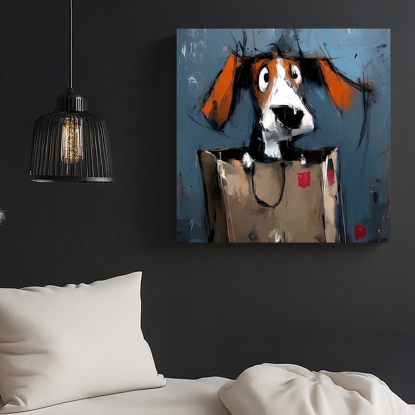 funny dog in shopping bag wall art