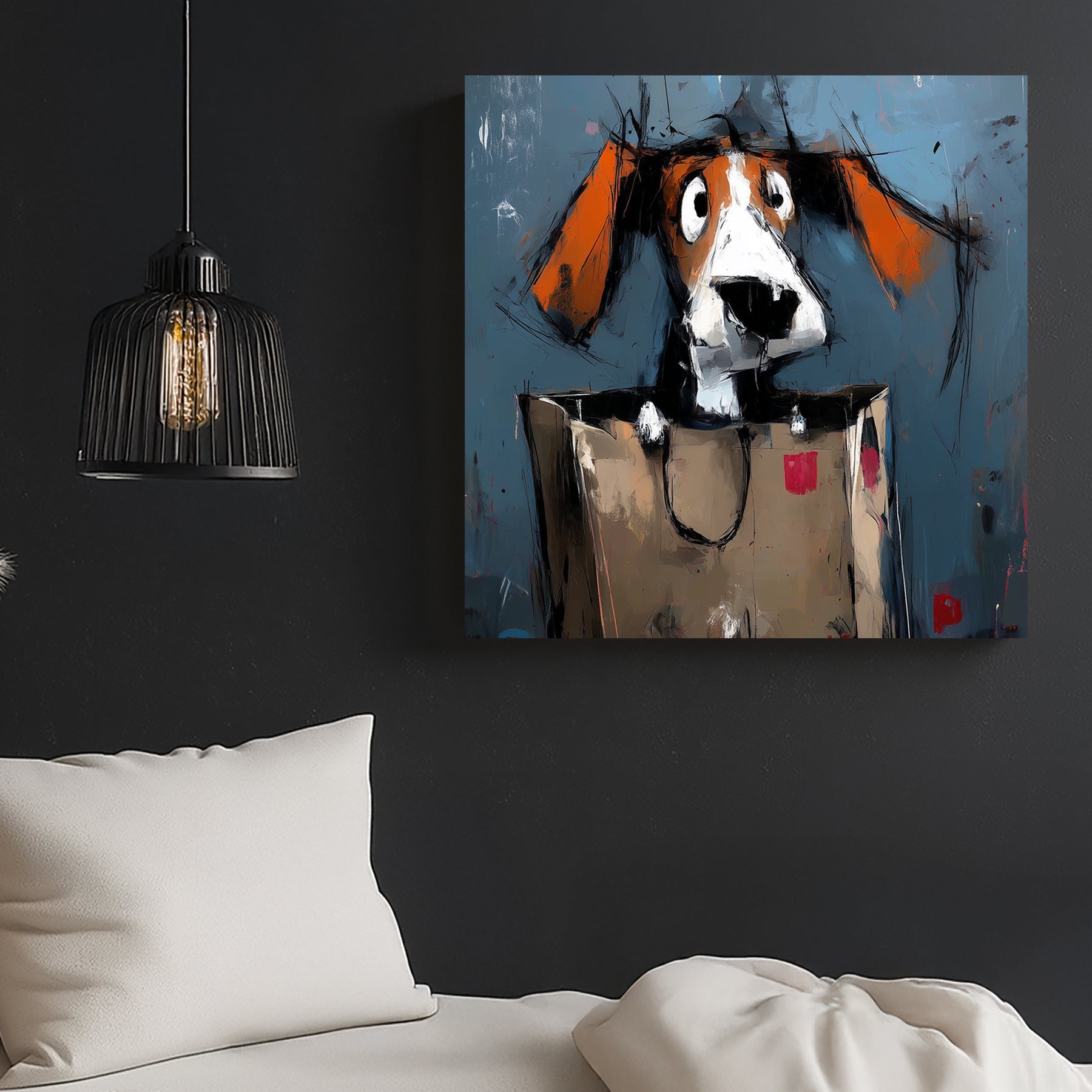 funny dog in shopping bag wall art