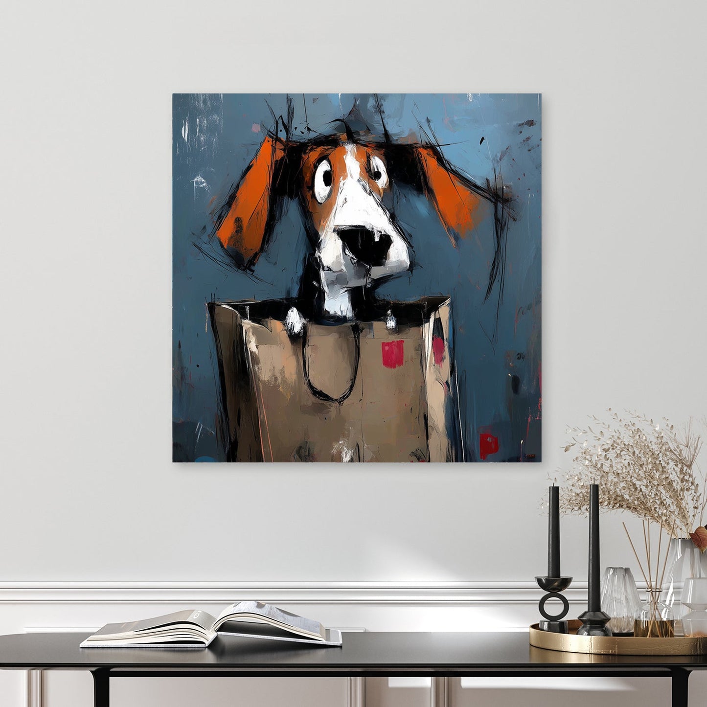 funny dog in shopping bag wall art