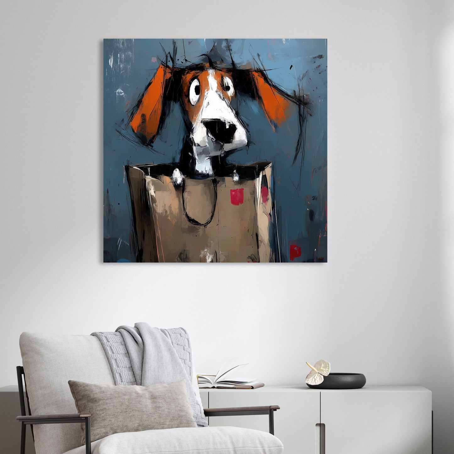 funny dog in shopping bag wall art