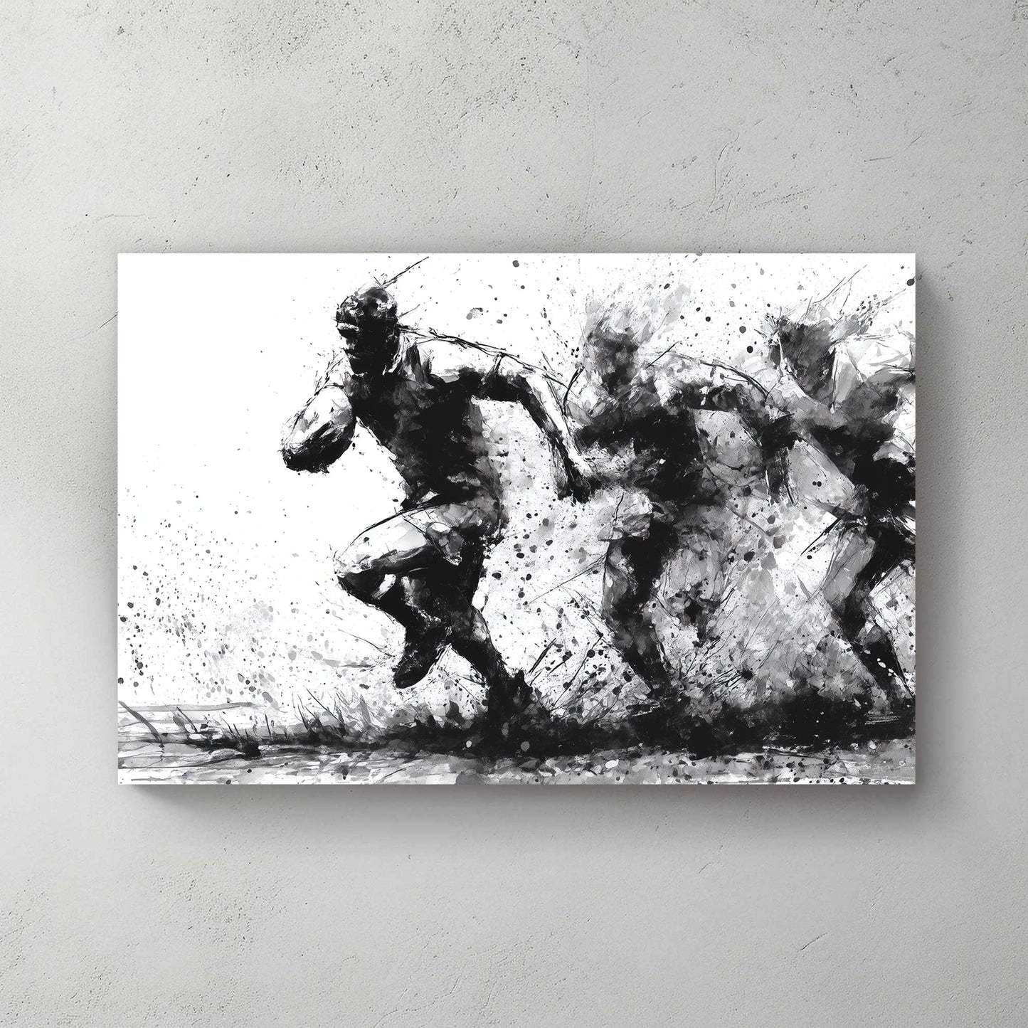 black and white rugby wall art in ink splash style