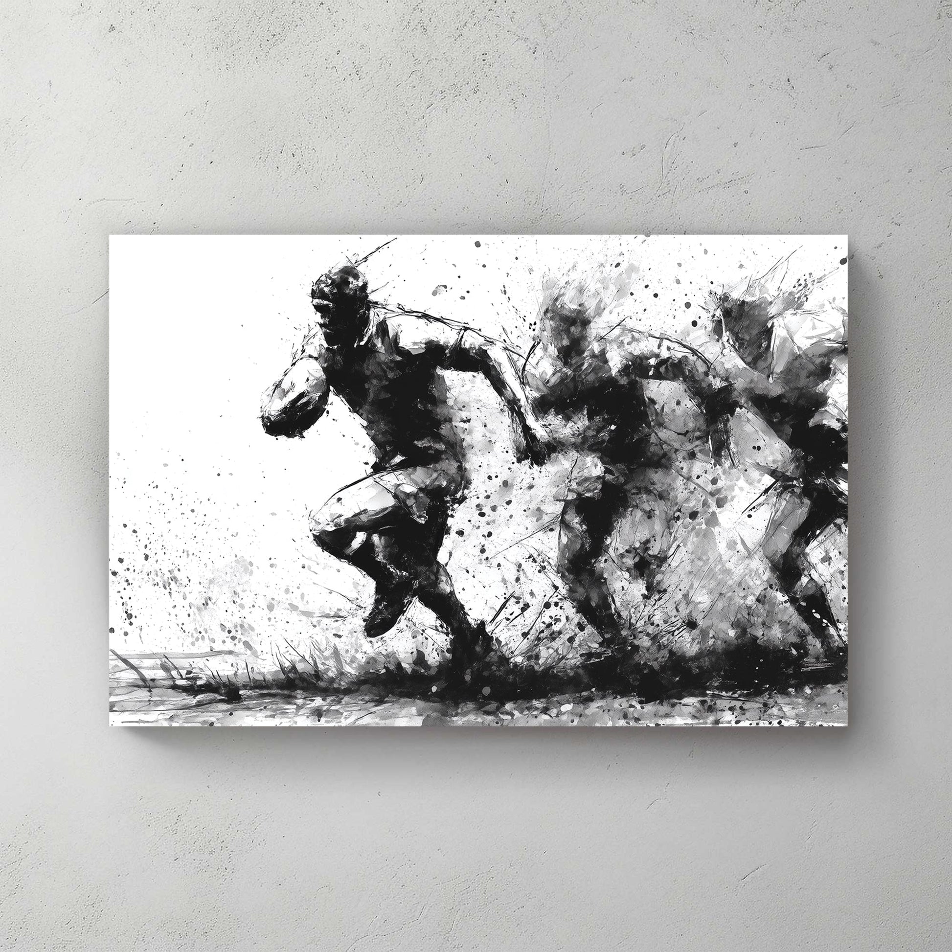 black and white rugby wall art in ink splash style