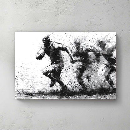 black and white rugby wall art in ink splash style