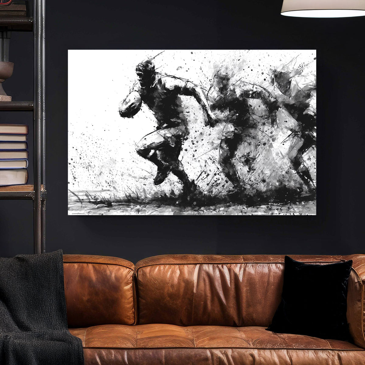 black and white rugby wall art in ink splash style
